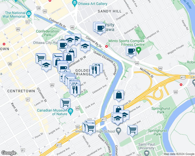 map of restaurants, bars, coffee shops, grocery stores, and more near in Ottawa