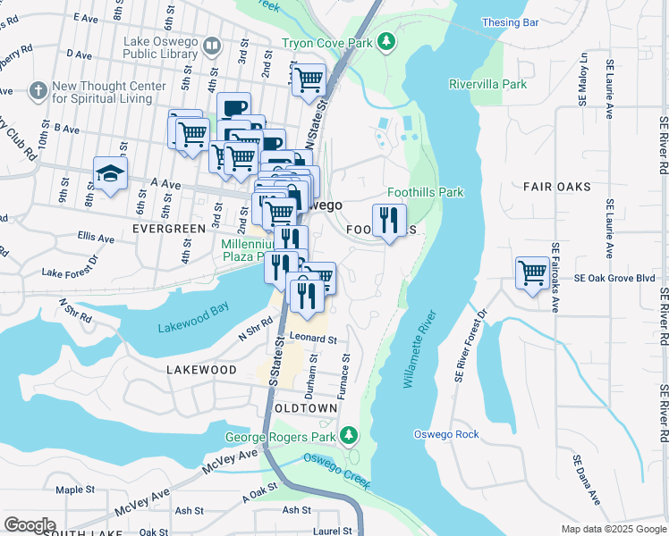 map of restaurants, bars, coffee shops, grocery stores, and more near 5003 Oswego Pointe Drive in Lake Oswego