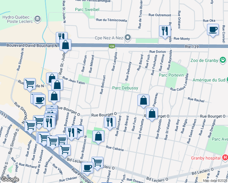map of restaurants, bars, coffee shops, grocery stores, and more near 370 Rue Desjardins North in Granby