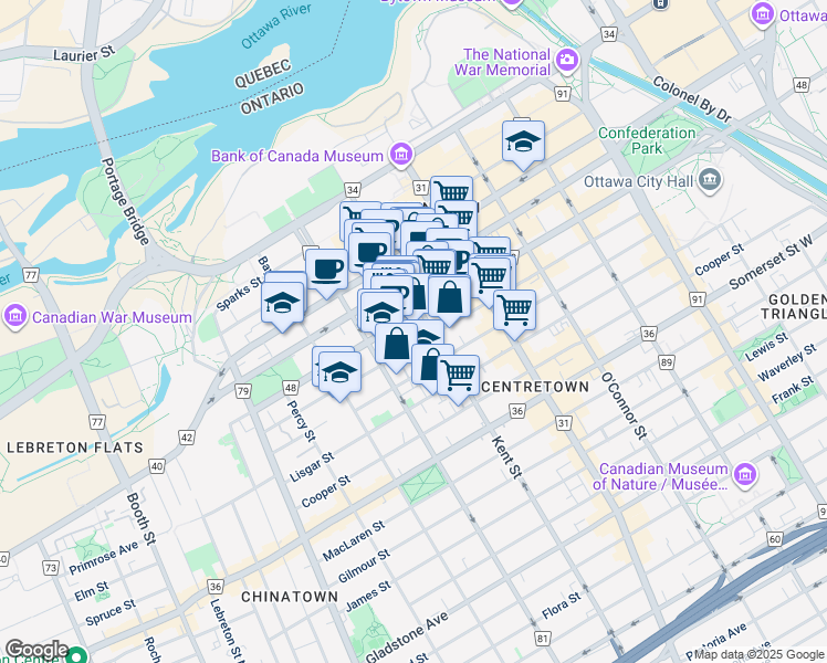 map of restaurants, bars, coffee shops, grocery stores, and more near 440 Laurier Avenue West in Ottawa