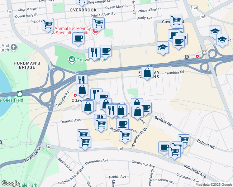 map of restaurants, bars, coffee shops, grocery stores, and more near 47 Avenue L in Ottawa