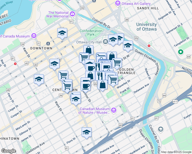 map of restaurants, bars, coffee shops, grocery stores, and more near in Ottawa
