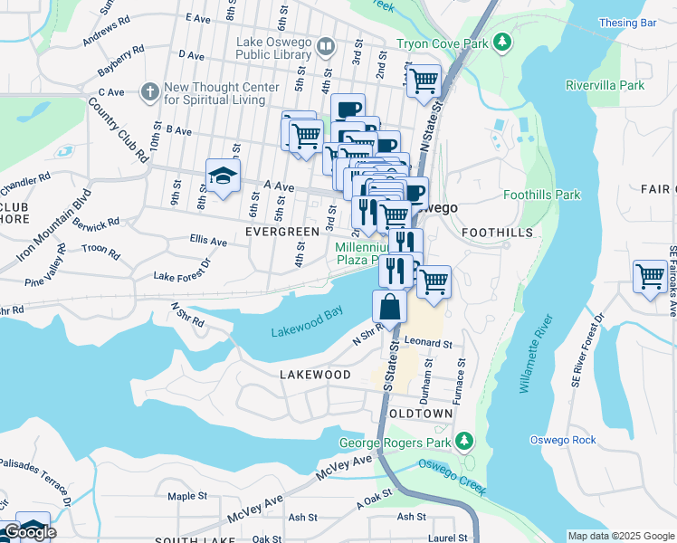 map of restaurants, bars, coffee shops, grocery stores, and more near 125 3rd Street in Lake Oswego