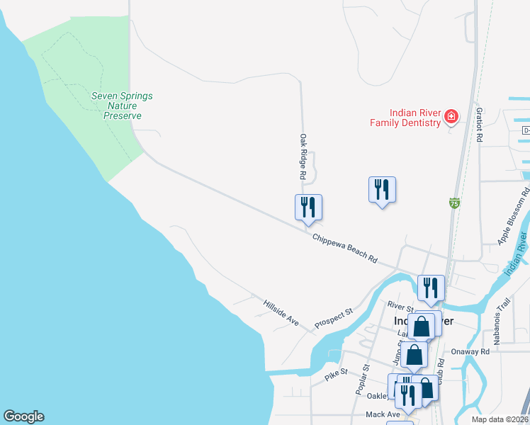 map of restaurants, bars, coffee shops, grocery stores, and more near 2960 Chippewa Beach Rd in Tuscarora Township