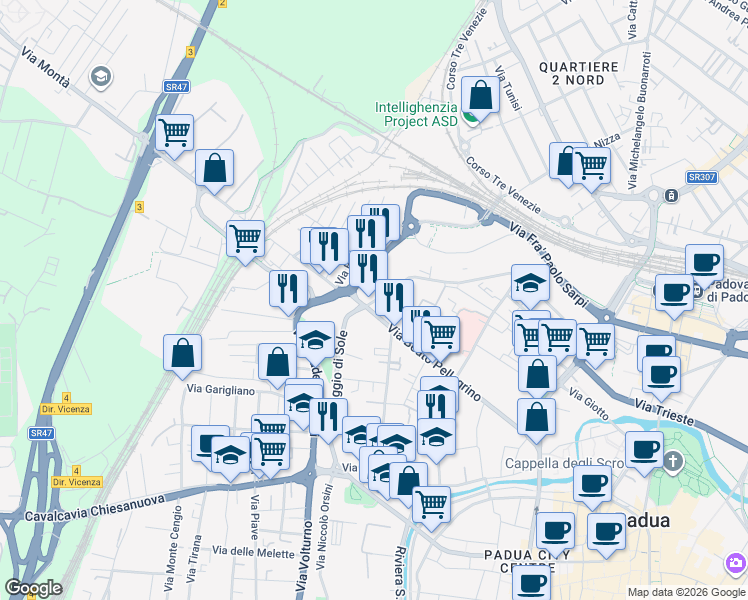 map of restaurants, bars, coffee shops, grocery stores, and more near 126 Via Citolo da Perugia in Padova