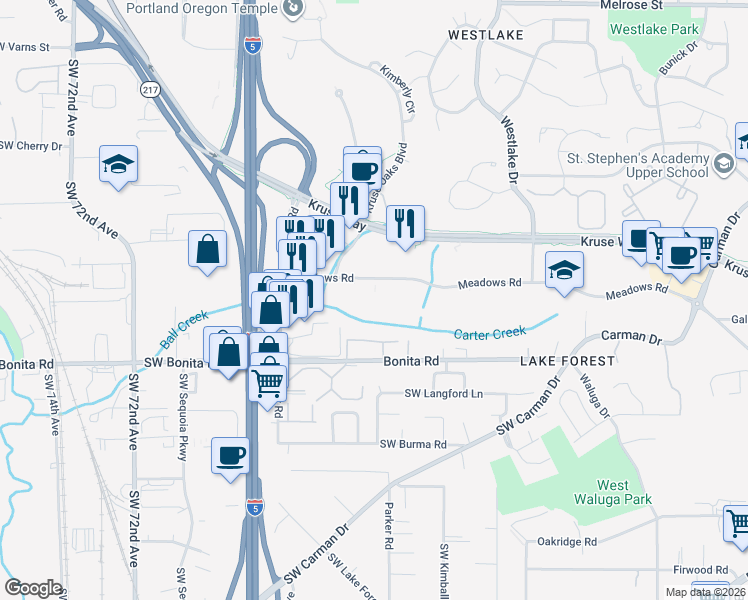 map of restaurants, bars, coffee shops, grocery stores, and more near 6000 Meadows Road in Lake Oswego
