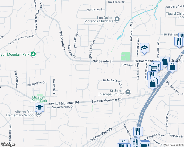 map of restaurants, bars, coffee shops, grocery stores, and more near 14210 Southwest 121st Avenue in Tigard