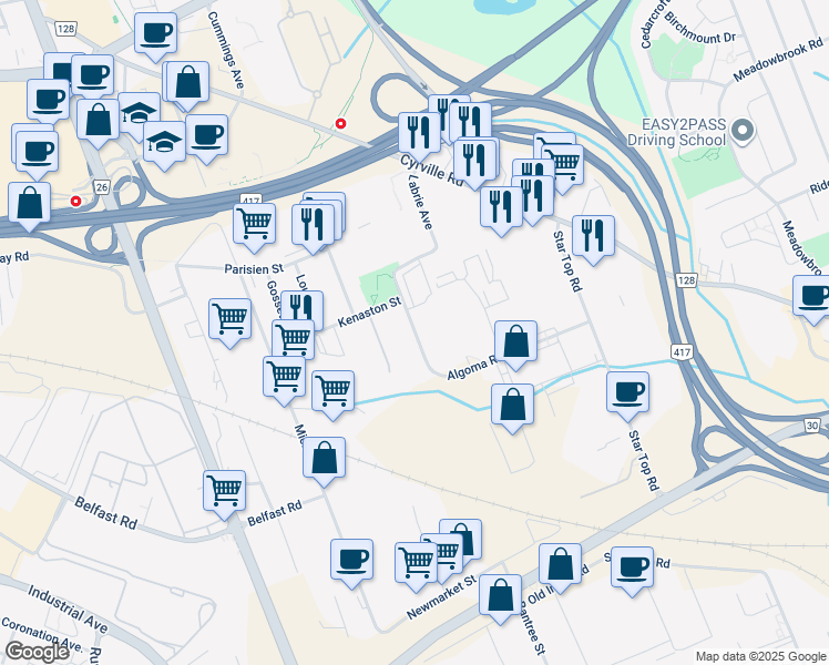map of restaurants, bars, coffee shops, grocery stores, and more near 1170 Algoma Road in Ottawa
