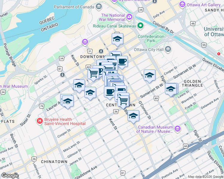 map of restaurants, bars, coffee shops, grocery stores, and more near 212 Bank Street in Ottawa