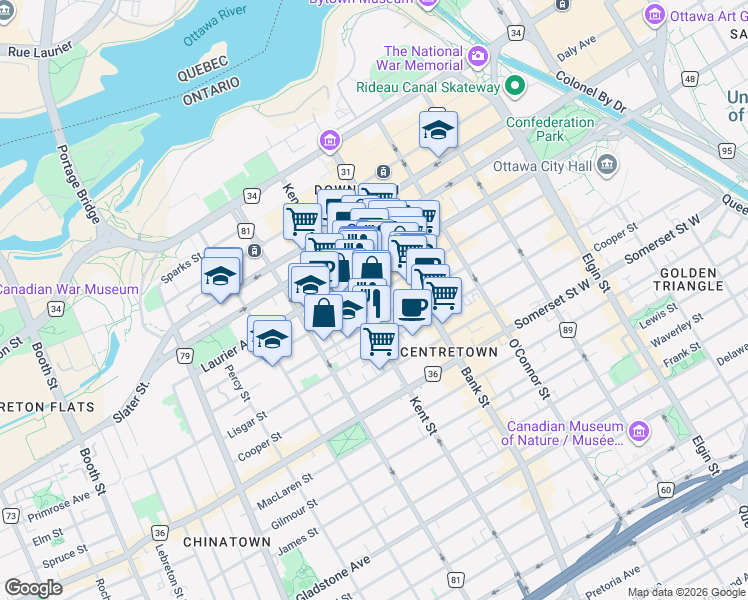 map of restaurants, bars, coffee shops, grocery stores, and more near 230 Gloucester Street in Ottawa