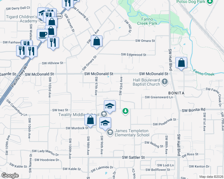 map of restaurants, bars, coffee shops, grocery stores, and more near 9425 Southwest Mountain View Lane in Tigard
