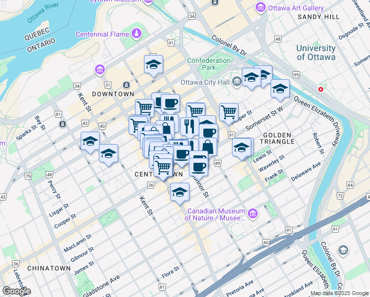 map of restaurants, bars, coffee shops, grocery stores, and more near 331 Cooper Street in Ottawa