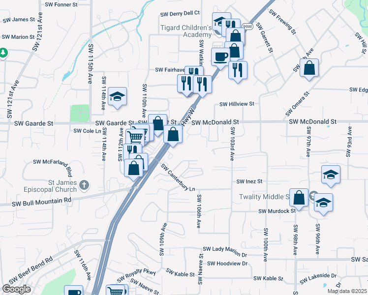 map of restaurants, bars, coffee shops, grocery stores, and more near 14180 Southwest Pacific Highway in Portland