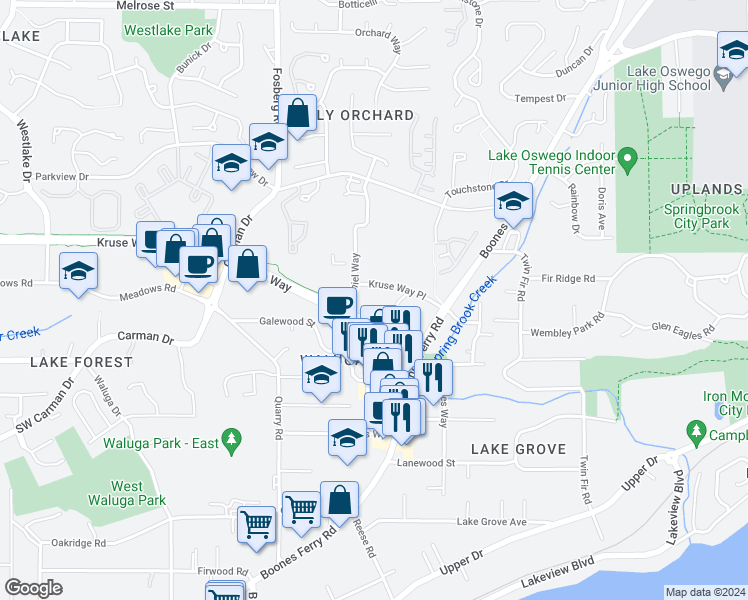 map of restaurants, bars, coffee shops, grocery stores, and more near 4004 Kruse Way Place in Lake Oswego