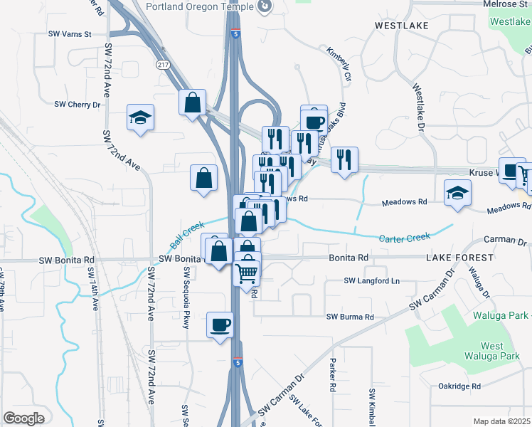 map of restaurants, bars, coffee shops, grocery stores, and more near 6296 Meadows Road in Lake Oswego