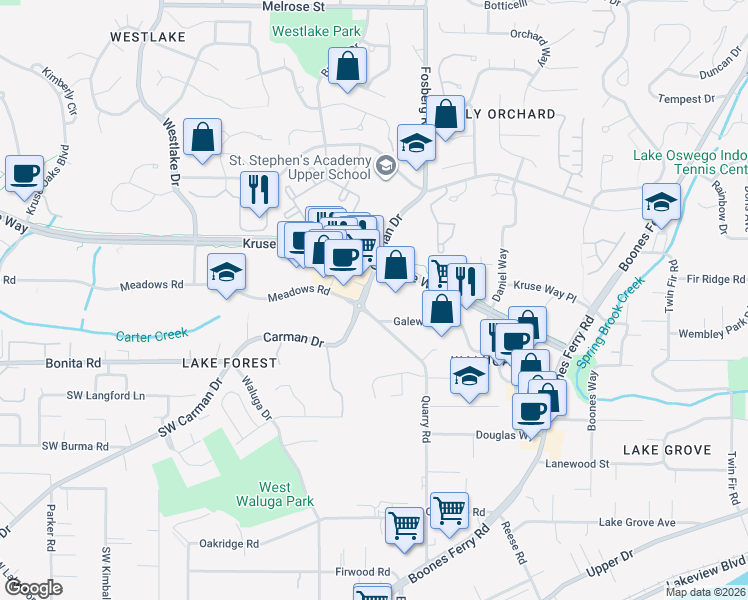 map of restaurants, bars, coffee shops, grocery stores, and more near 4701 Galewood Street in Lake Oswego