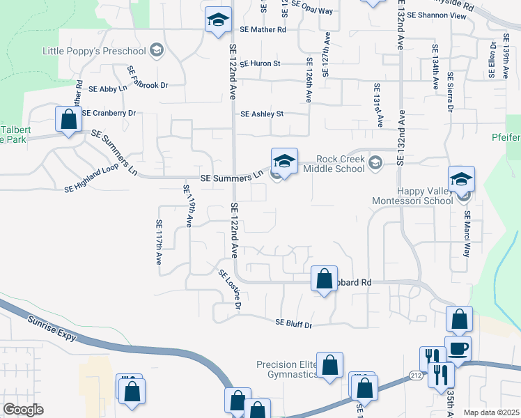 map of restaurants, bars, coffee shops, grocery stores, and more near 12445 Southeast Mountain Sun Lane in Clackamas