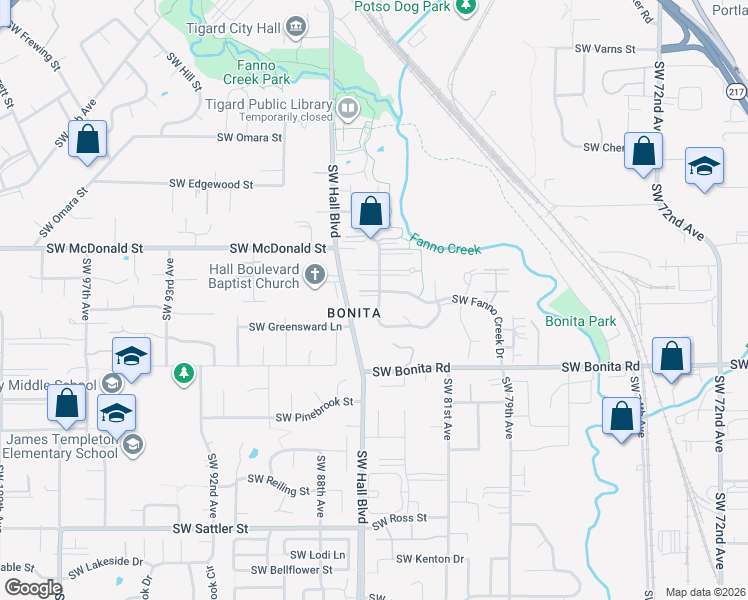 map of restaurants, bars, coffee shops, grocery stores, and more near 14205 Southwest Fanno Creek Court in Tigard