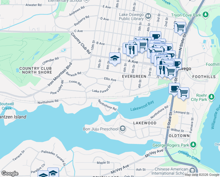 map of restaurants, bars, coffee shops, grocery stores, and more near 772 Lake Forest Drive in Lake Oswego