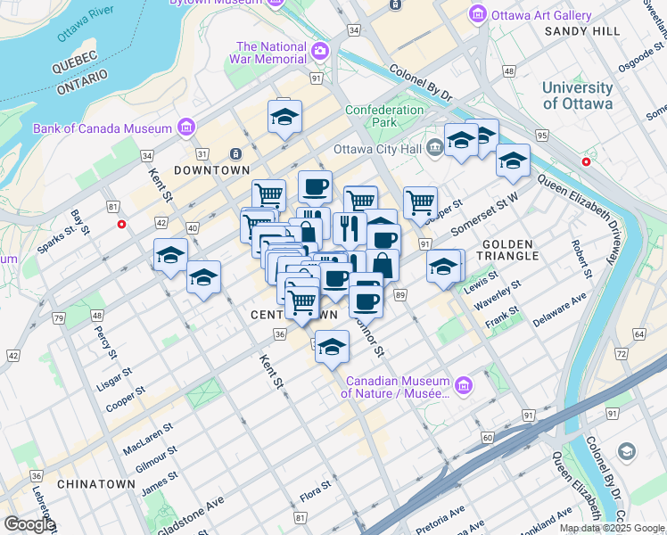 map of restaurants, bars, coffee shops, grocery stores, and more near in Ottawa