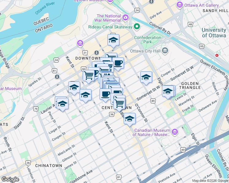 map of restaurants, bars, coffee shops, grocery stores, and more near in Ottawa