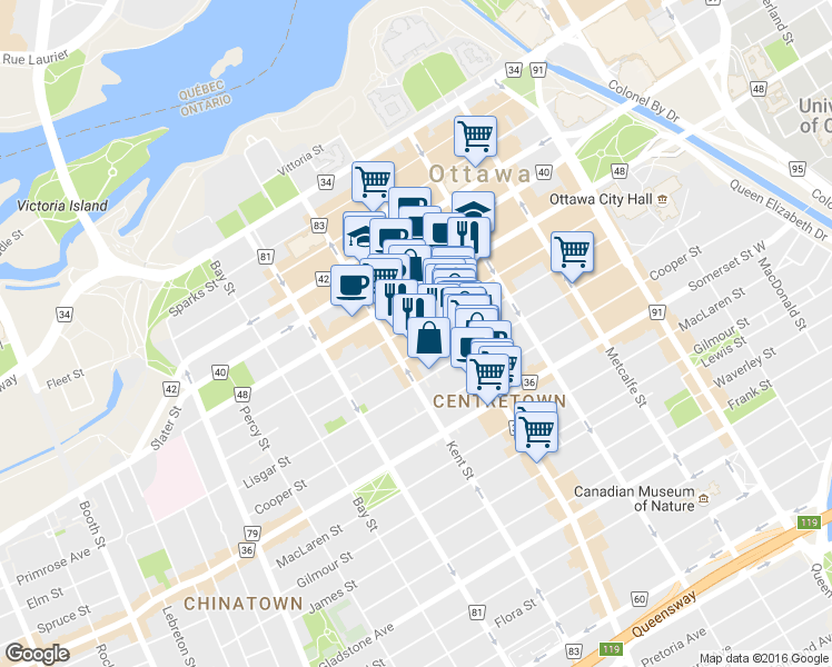 map of restaurants, bars, coffee shops, grocery stores, and more near in Ottawa