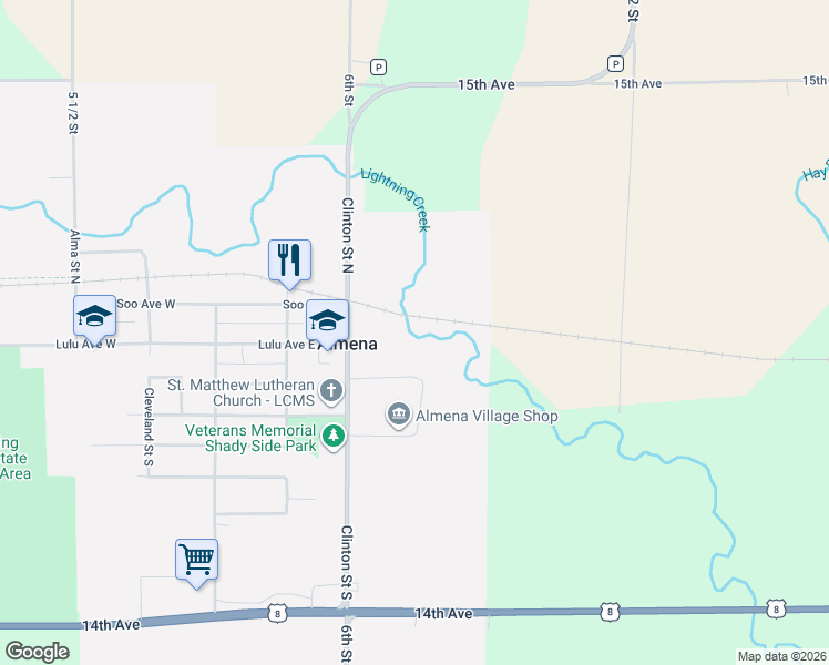 map of restaurants, bars, coffee shops, grocery stores, and more near 104 Clinton Street South in Almena