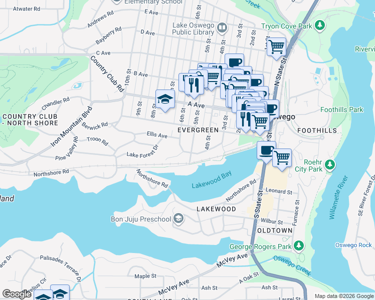 map of restaurants, bars, coffee shops, grocery stores, and more near 104 5th Street in Lake Oswego