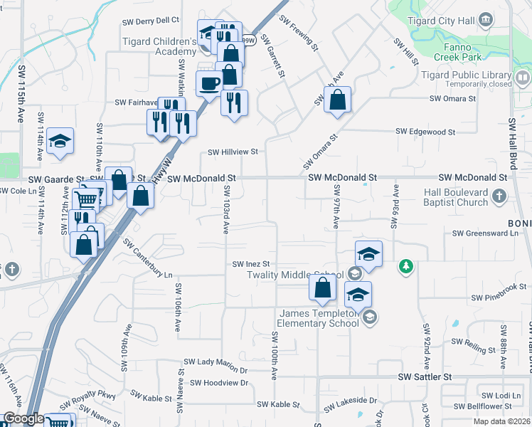 map of restaurants, bars, coffee shops, grocery stores, and more near 10109 Southwest Copperleaf Lane in Tigard