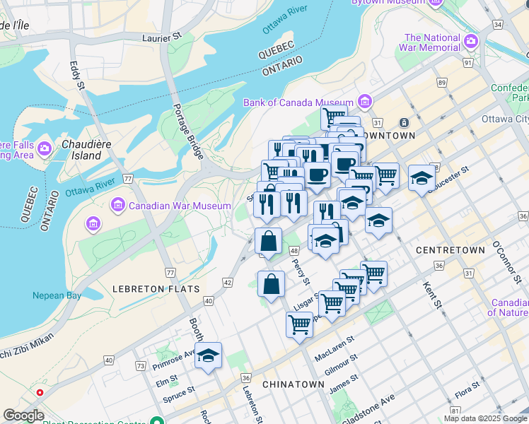 map of restaurants, bars, coffee shops, grocery stores, and more near in Ottawa