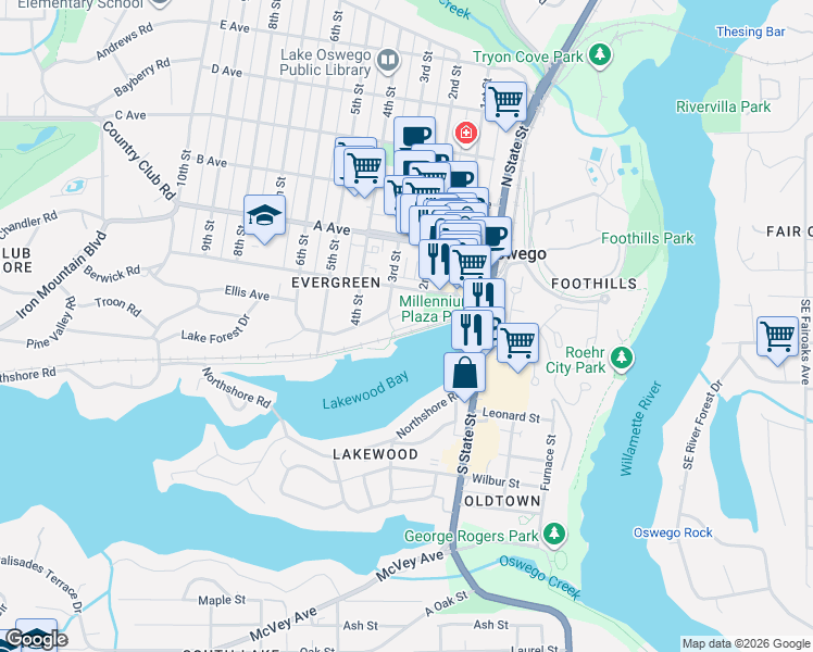 map of restaurants, bars, coffee shops, grocery stores, and more near 103 3rd Street in Lake Oswego