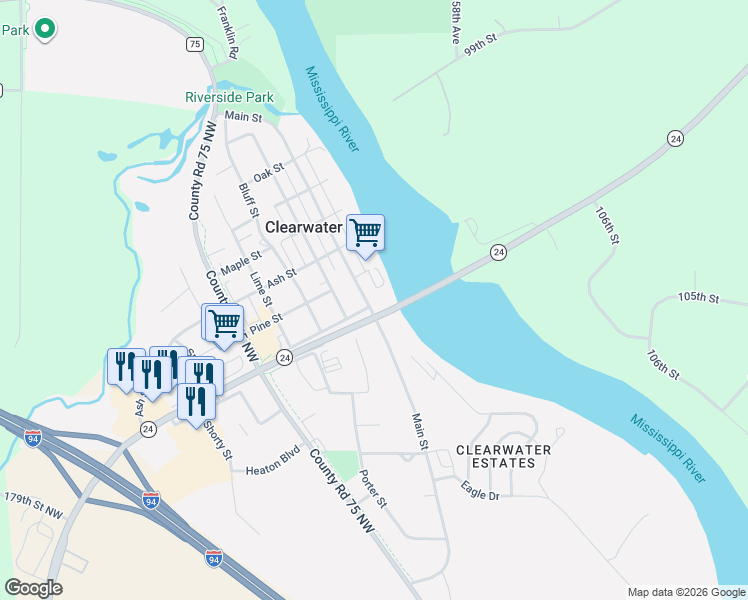 map of restaurants, bars, coffee shops, grocery stores, and more near 740 Main Street in Clearwater