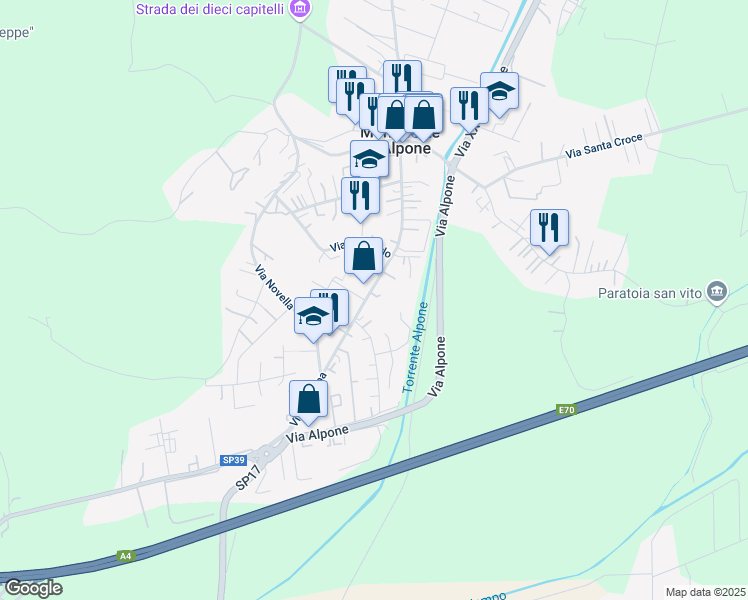 map of restaurants, bars, coffee shops, grocery stores, and more near 17 Viale Europa in Monteforte d'Alpone