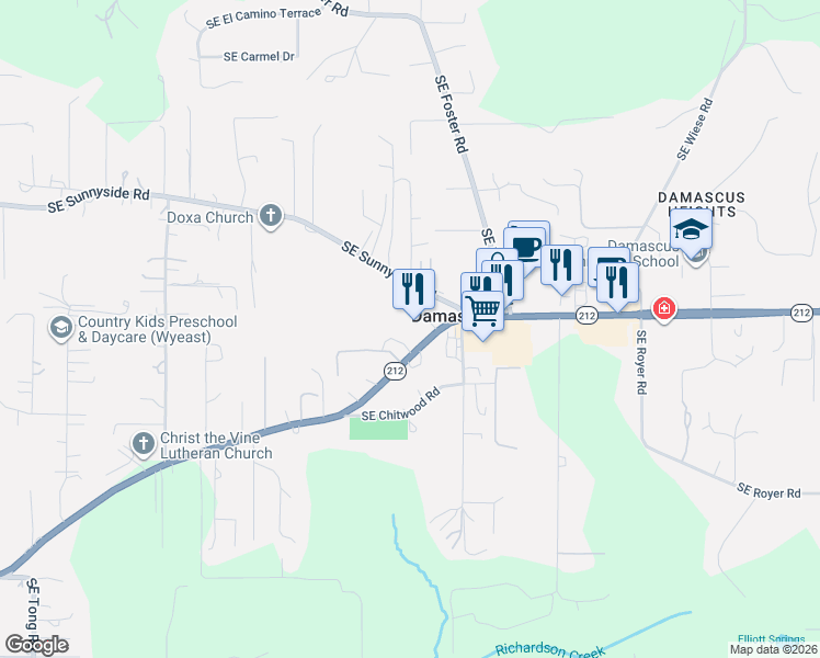 map of restaurants, bars, coffee shops, grocery stores, and more near 19655 Southeast Highway 212 in Damascus