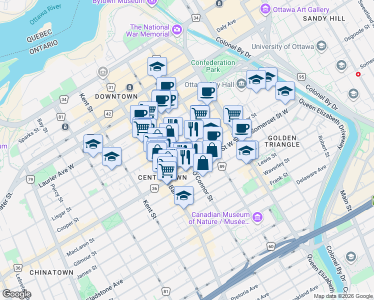 map of restaurants, bars, coffee shops, grocery stores, and more near 331 Cooper Street in Ottawa