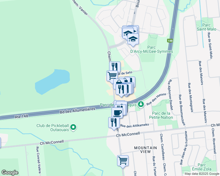 map of restaurants, bars, coffee shops, grocery stores, and more near 490 Chemin Vanier in Gatineau