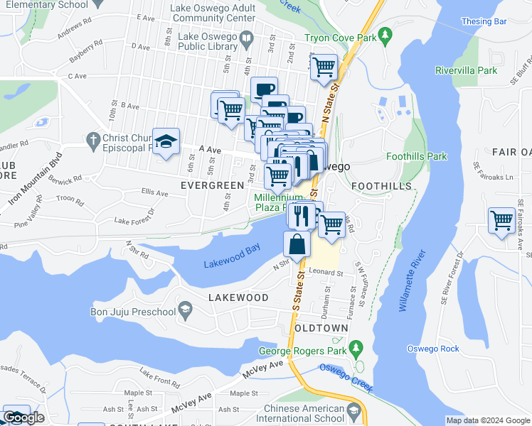 map of restaurants, bars, coffee shops, grocery stores, and more near 123 3rd Street in Lake Oswego