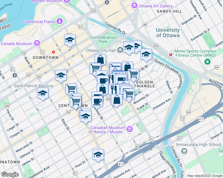 map of restaurants, bars, coffee shops, grocery stores, and more near 210 Somerset Street West in Ottawa