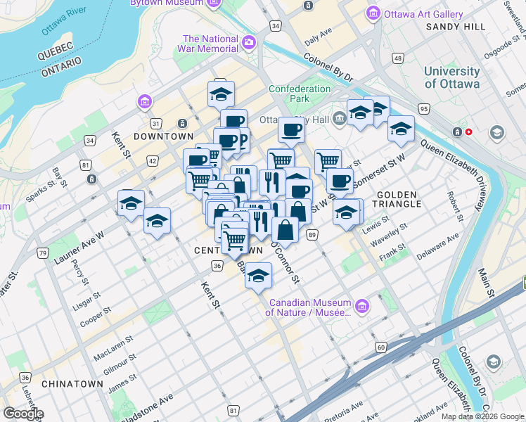 map of restaurants, bars, coffee shops, grocery stores, and more near 331 Cooper Street in Ottawa