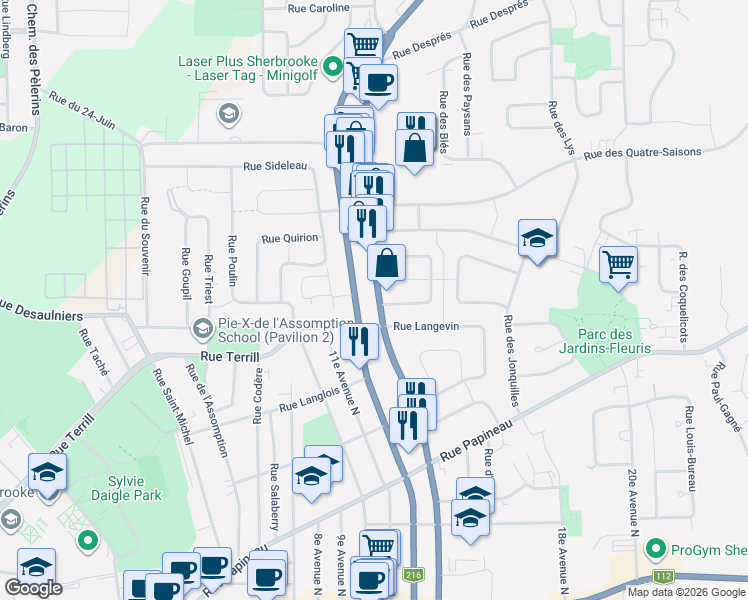 map of restaurants, bars, coffee shops, grocery stores, and more near 675 13e Avenue Nord in Sherbrooke