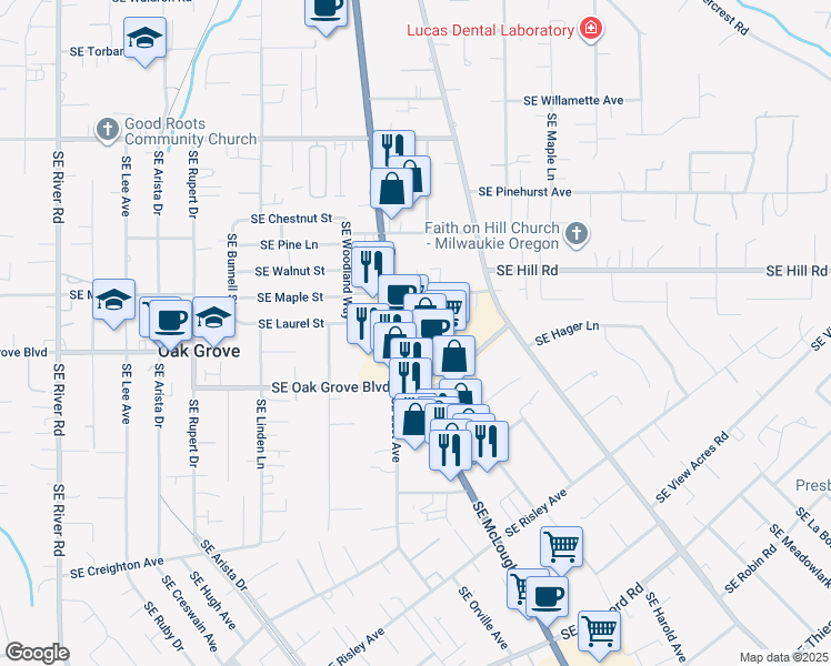 map of restaurants, bars, coffee shops, grocery stores, and more near 14638 Southeast McLoughlin Boulevard in Milwaukie