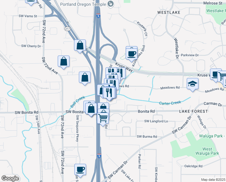 map of restaurants, bars, coffee shops, grocery stores, and more near 6296 Meadows Road in Lake Oswego