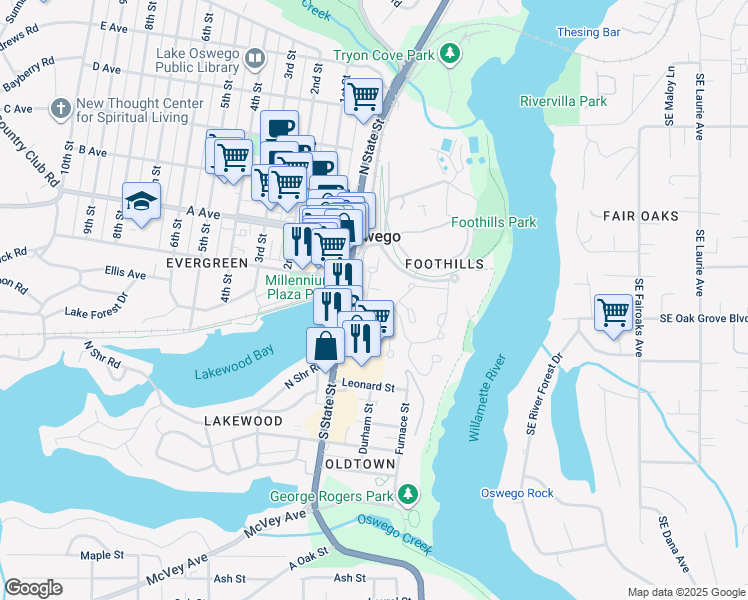 map of restaurants, bars, coffee shops, grocery stores, and more near 5001-5003 Oswego Pointe Drive in Lake Oswego