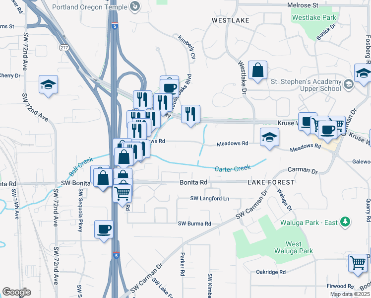 map of restaurants, bars, coffee shops, grocery stores, and more near 5800 Meadows Road in Lake Oswego