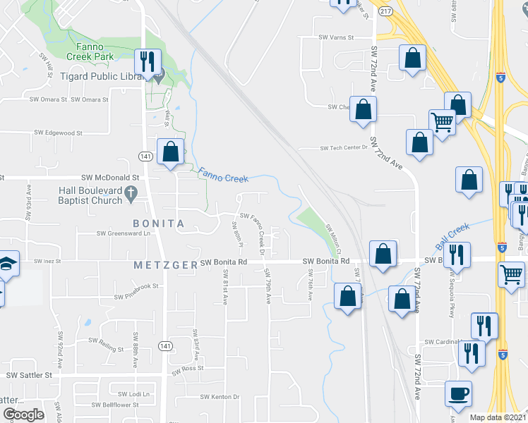 map of restaurants, bars, coffee shops, grocery stores, and more near 7885 Southwest Fanno Creek Drive in Tigard