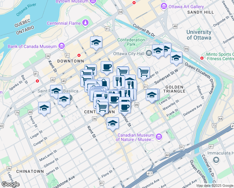 map of restaurants, bars, coffee shops, grocery stores, and more near in Ottawa