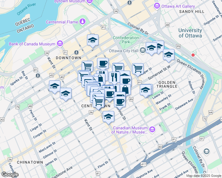 map of restaurants, bars, coffee shops, grocery stores, and more near in Ottawa