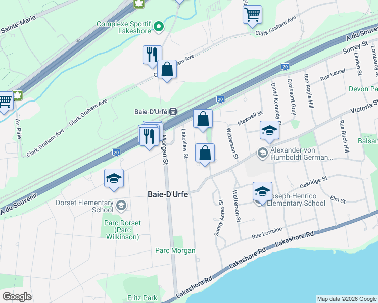 map of restaurants, bars, coffee shops, grocery stores, and more near 49 Rue Lakeview in Baie-d'Urfé