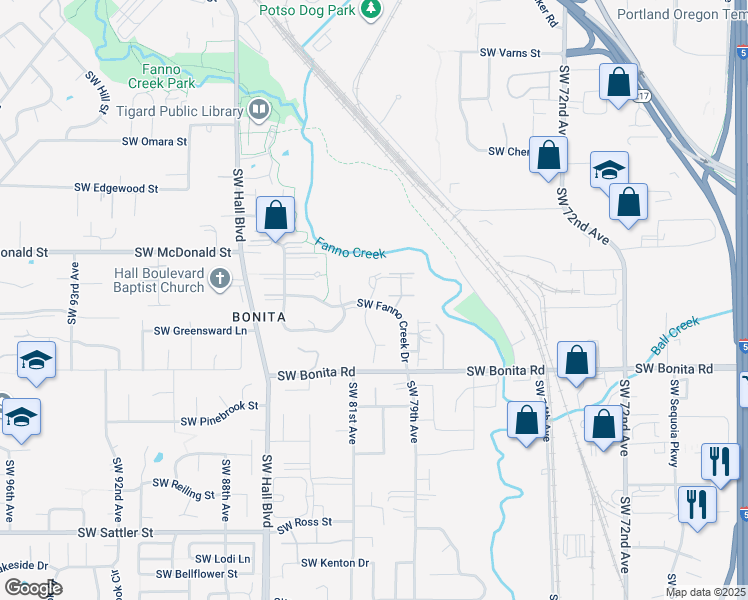 map of restaurants, bars, coffee shops, grocery stores, and more near 7995 Southwest Fanno Creek Drive in Tigard