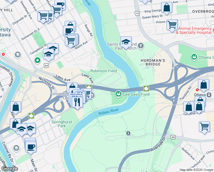 map of restaurants, bars, coffee shops, grocery stores, and more near Hurdman Road in Ottawa
